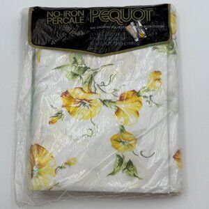 Vtg Pequot Yellow Floral Double Flat Sheet No Iron Percale Easy Care MCM Retro